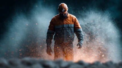 Obraz premium Coal miner works dynamically in a dark, smoky environment while extracting valuable resources