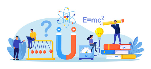Physics school subject. Scientists explore electricity, magnetism, physical forces, electromagnetic field. Theoretical, practical lesson. Physics courses experiment. People studying electricity energy