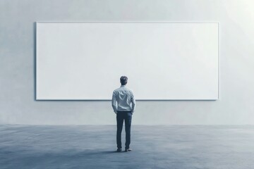 Fototapeta premium Businessman standing in a gallery, gazing intently at a large blank frame hanging on the wall, contemplating creative possibilities