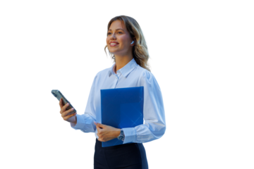 Young businesswoman smiling, holding phone and folder, wearing earbuds, ready for professional communication