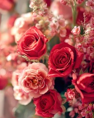 Obraz premium Romantic Red and Pink Rose Bouquet - Soft Focus, Delicate Petals, Floral Arrangement.