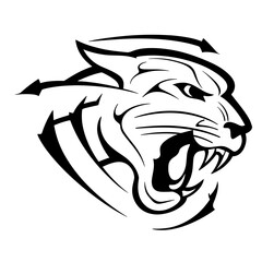 A stylized black and white illustration of a roaring tiger's face with strong lines, minimal shading, sharp teeth,