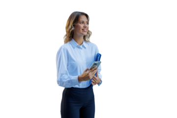 Confident businesswoman smiling, holding phone and folder, standing with transparent background, young professional