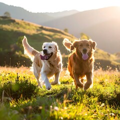Two golden retrievers running in a grassy field at sunset