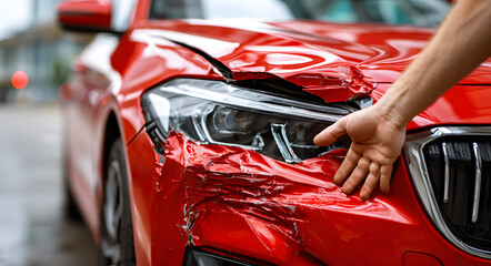 Hand inspecting severe damage on red car bumper after accident, insurance claim concept