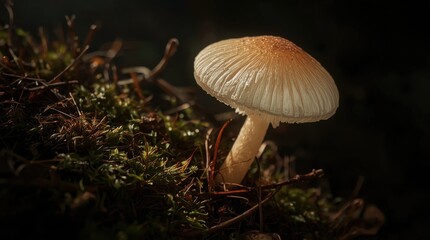 Delicate mushroom growing in forest moss under soft light in a serene natural setting