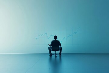 Fototapeta premium Businessman sitting on chair using tablet and analyzing financial chart projected on office wall