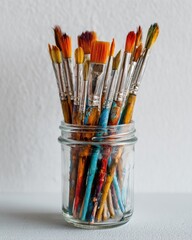 Obraz premium Paintbrushes in Glass Jar, Art Supplies, Creative Tools.