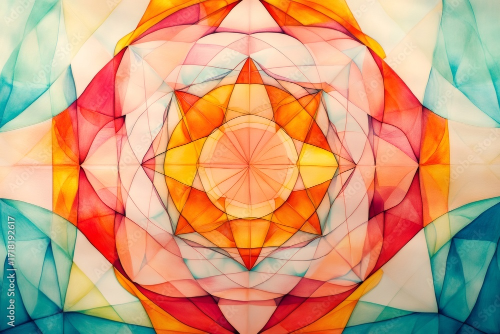 Poster watercolor painting featuring a vibrant mandala with overlapping geometric shapes, creating a visual