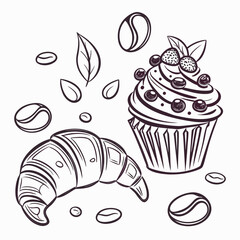 A delightful illustration of a croissant, cupcake, and coffee beans