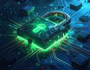 Circuit board with a glowing padlock