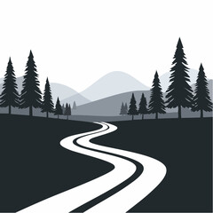 A winding white road curves through a dark, silhouetted landscape with pine trees and distant mountains.