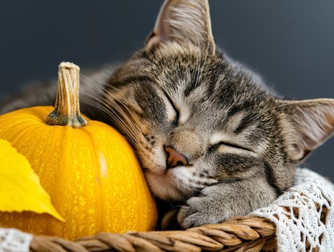 Cute tabby cat with pumpkin. Gray kitty resting with pumpkin on wicker chair with woolen blanket. Fall mood autumn vibes. Thanksgiving day. Adorable feline companion enjoys gourd. ash