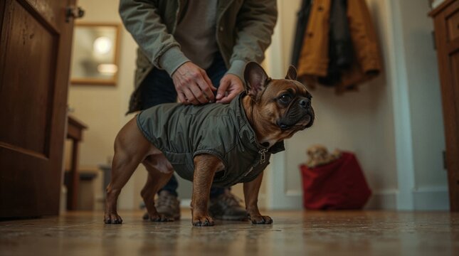French bulldog getting ready for a walk in a cozy hallway during the late afternoon - Powered by Adobe