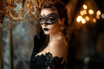 Beautiful model posing in an elegant black dress and intricate venetian mask, exuding glamour within a luxurious palace setting