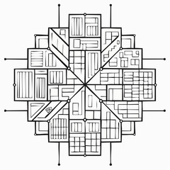 Abstract geometric design with intricate patterns and radial symmetry, resembling a complex architectural blueprint.