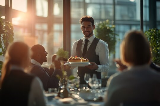 Young smiling waiter carrying a tray filled with gourmet desserts, serving business professionals enjoying a fine dining experience at sunset