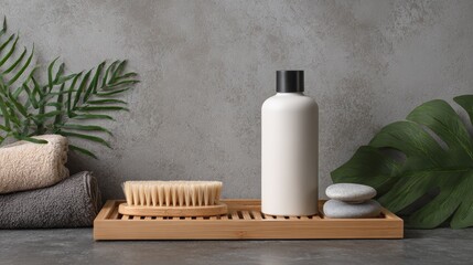 Blank cosmetic container on bamboo bath caddy in zen bathroom