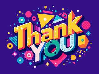 Fototapeta premium Vibrant pop art thank you lettering with playful decorative dots and geometric shapes illustration