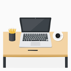 Overhead view of a minimalist workspace featuring an open laptop, a coffee cup, and a pen holder on a light wooden desk.