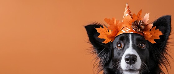 Dog wearing self made paper party hat with Thanksgiving turkey. Background for holiday card or banner. Festive canine celebrates autumn feast donning handcrafted headgear ideal backdrop