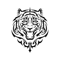 A fierce tiger head vector illustration in black and white, showcasing bold line art with tribal influences,