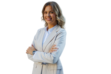 Confident young businesswoman standing, smiling, with arms crossed, portraying professionalism and success, transparent background