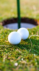 Two golf balls resting in the cup