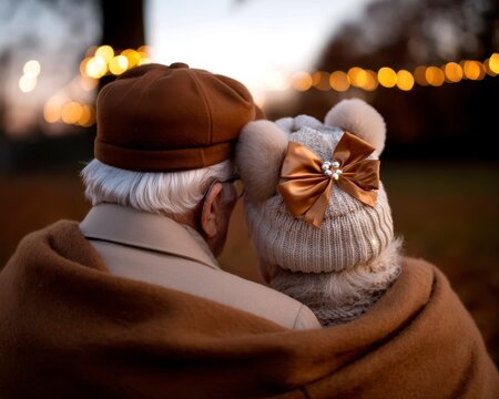 Elderly couple hugging outdoors autumn park warm sunlight love family. Romantic senior embrace outdoor fall foliage golden hour affection relative connection. - Powered by Adobe