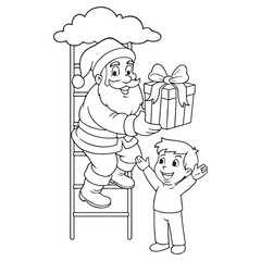 Santa Claus Giving Gift from Ladder Festive Line Art Illustration