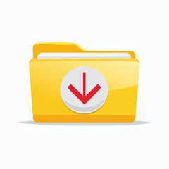 A yellow file folder icon with a circular download symbol featuring a red arrow, representing data storage and file transfer.