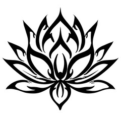 A bold black and white lotus flower illustration with clean lines and high contrast, symmetrical design,