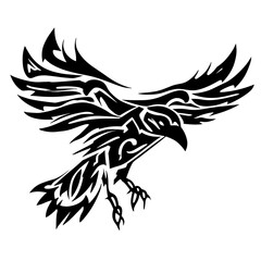 A striking black and white tribal raven tattoo design featuring bold lines, minimal shading, and intricate details,