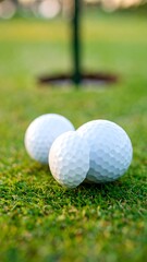 Two golf balls near a hole