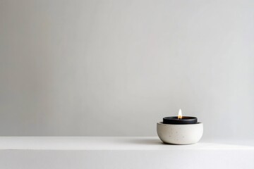 Small black candle burning in a white ceramic bowl on a white surface against a gray background, creating a cozy and minimalist atmosphere