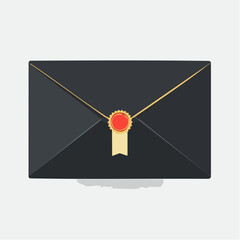 A dark envelope with a golden seal and ribbon, casting a subtle shadow on a light background.