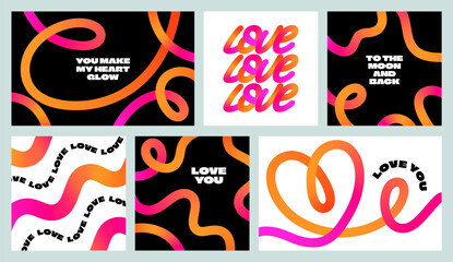 Abstract Love Backgrounds with Line Hearts. Vector Linear Pattern with Gradient. Romantic Poster Design with Cute Curves and Outline Pink Elements.