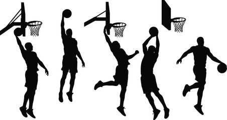 Collection of male basketball player silhouettes, showcasing dynamic dunks and shots, ideal for sports, action, and athletic themes.