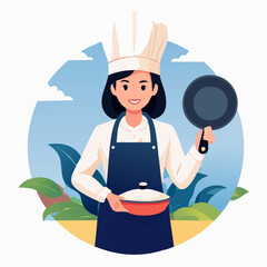 A smiling female chef in a white hat and apron holds a pan and a bowl of food.