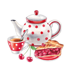 Cherry pie, tea, and a teapot. Watercolor hand-drawn illustration of a drink and dessert. Composition on a white background for menu design, culinary blogs, and dessert lists in a vintage style.