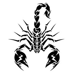 A bold black and white vector illustration of a scorpion in a tattoo design,