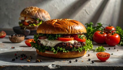 Two gourmet burgers on a gray surface, illuminated by sunlight