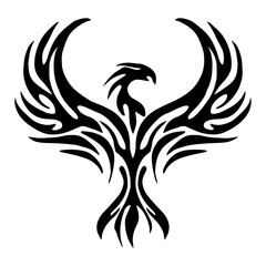 Obraz premium A striking tribal eagle design with outstretched wings, featuring bold black and white lines, minimal shading,