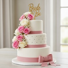 Elegant tiered wedding cake with pink roses and a 'Bride to Be' topper celebrates a special occasion with sweet anticipation and joyful memories