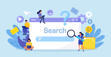 People Use Search Bar. Searching Information in Internet, Communication in Social Network. Characters Using Phone and Laptop for Searching Info in Web Browser. Search Engine Optimization and Analytics