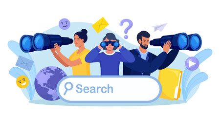 Employees looking for new business or career opportunities. People looking into future choosing direction of development. Curious characters looking through binoculars. Business research, web surfing