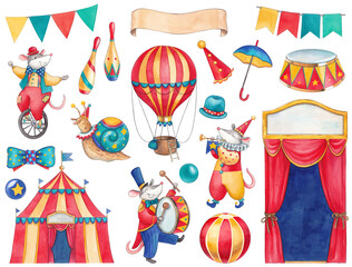Vintage circus props. Hand-drawn watercolor illustrations: mice, acrobats, musicians, a tent, balloons, a stand, pins, and balls. A set of children's-style pictures featuring the characters.
