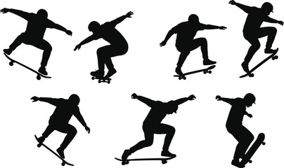 Male rollerblading silhouette collection on a white background, featuring dynamic poses and angles, perfect for athletic and active themes.