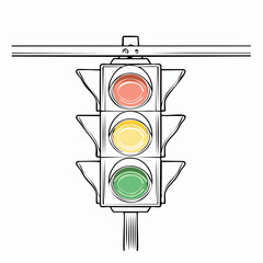 A detailed black and white sketch of a traffic light hanging from an overhead wire, showing red, yellow, and green lights.