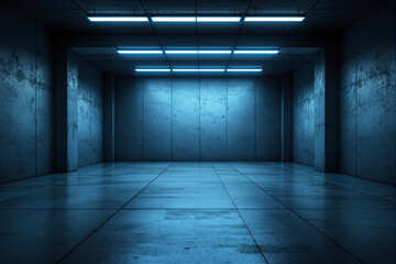 Futuristic empty blue-lit industrial room with concrete walls and ceiling lights for modern interior design and sci-fi environment concept. Ai generative